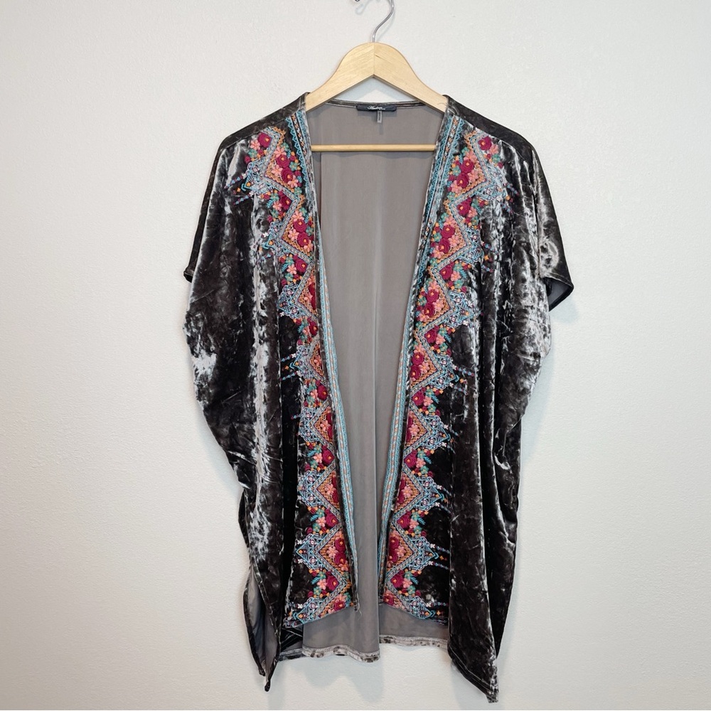ANDREE Multicolor Embroidery Crushed Velvet Open Front Cardigan Small